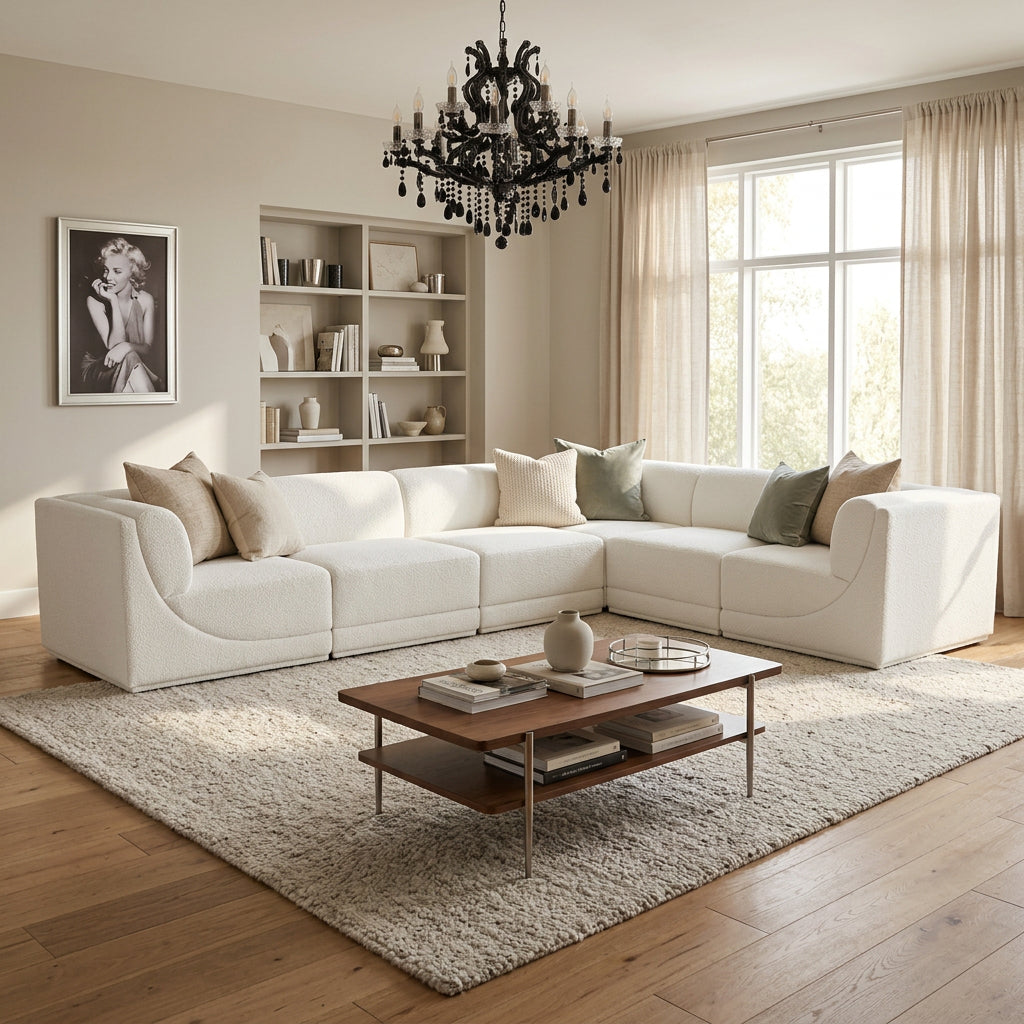Ollie 128" Cream Boucle Fabric Upholstered 6pc. Modular Sectional in cream boucle, primary product view