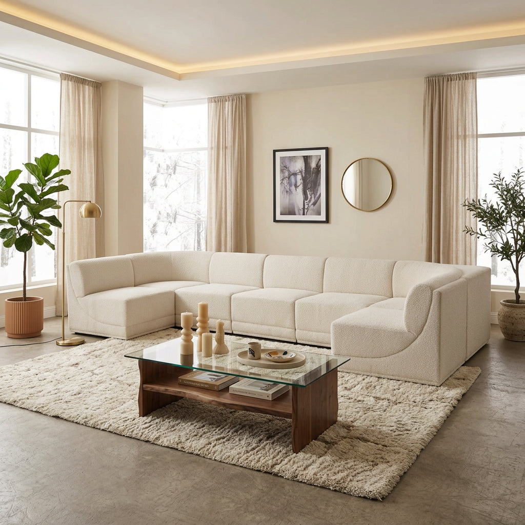 Ollie 158in Cream Boucle Fabric Upholstered 7 Piece Modular Sectional Sofa
