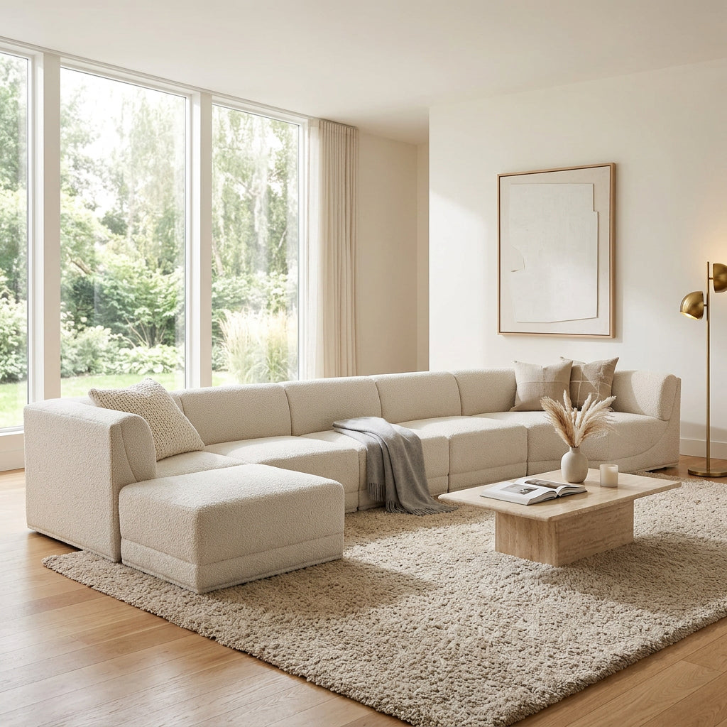 Ollie 218in Cream Boucle Fabric Upholstered 8 Piece Modular Sectional Sofa