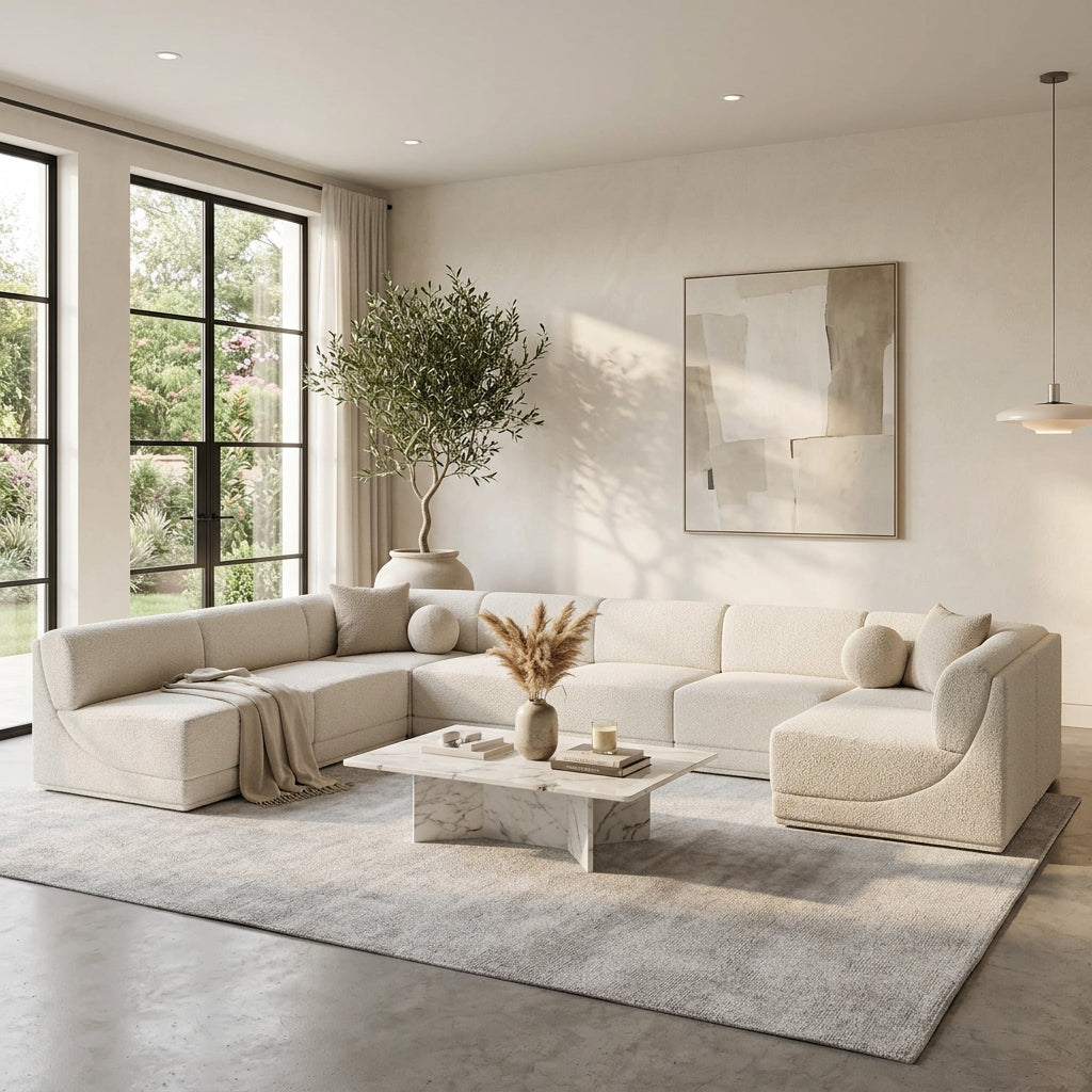 Ollie 218in Cream Boucle Fabric Upholstered 9 Piece Modular Sectional Sofa