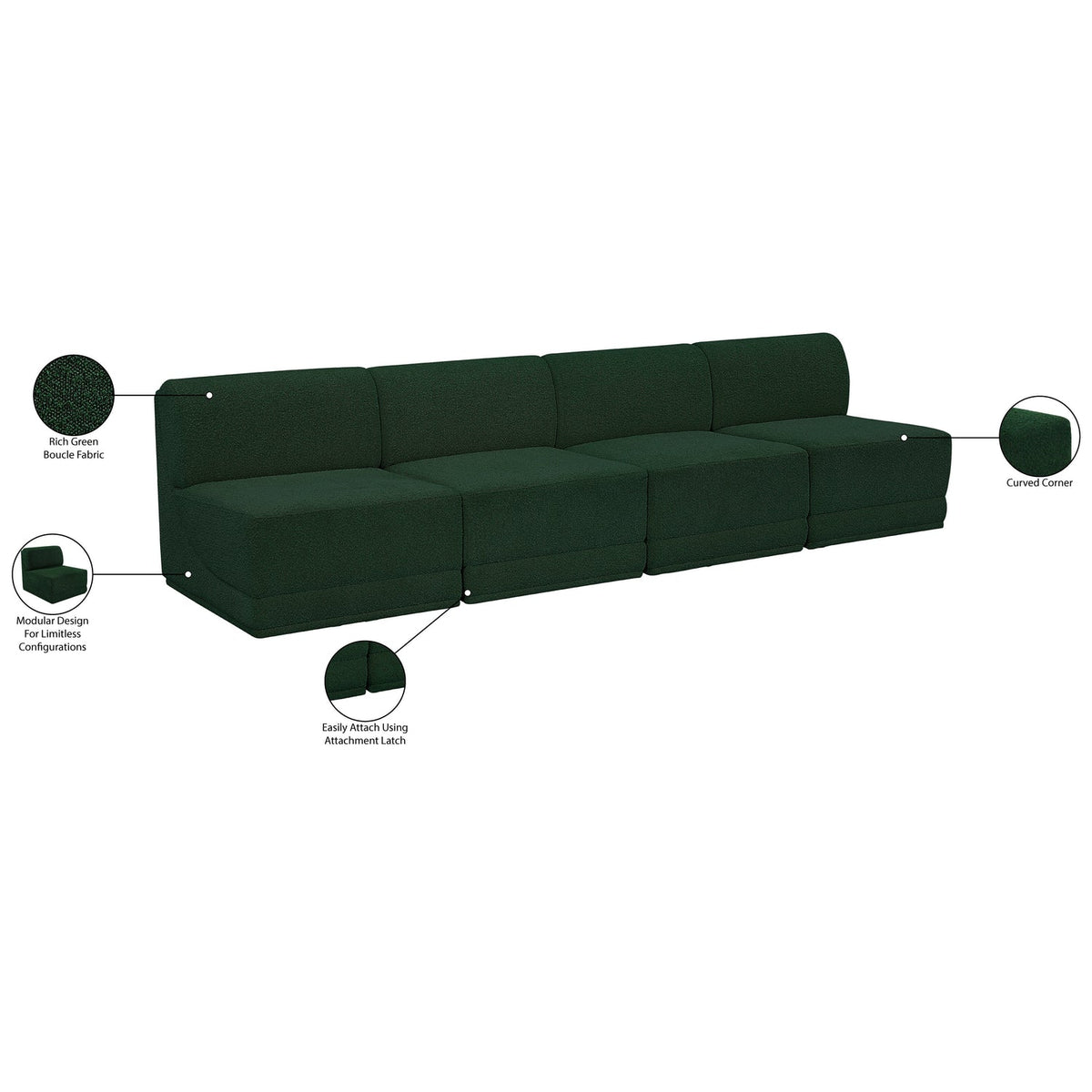 Ollie 120in Green Boucle Fabric Upholstered 4 Piece Armless Modular Sofa