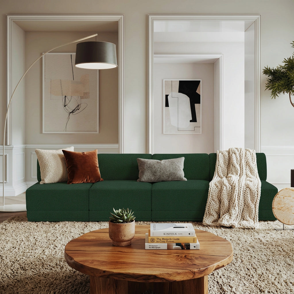 Ollie 120in Green Boucle Fabric Upholstered 4 Piece Armless Modular Sofa