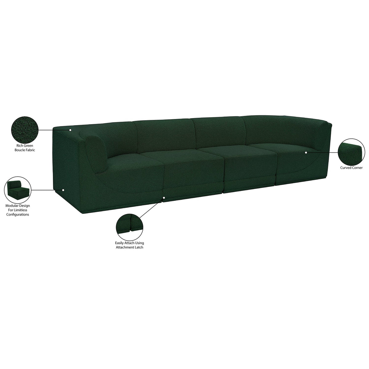 Ollie 128in Green Boucle Fabric Upholstered 4 Piece Modular Sofa