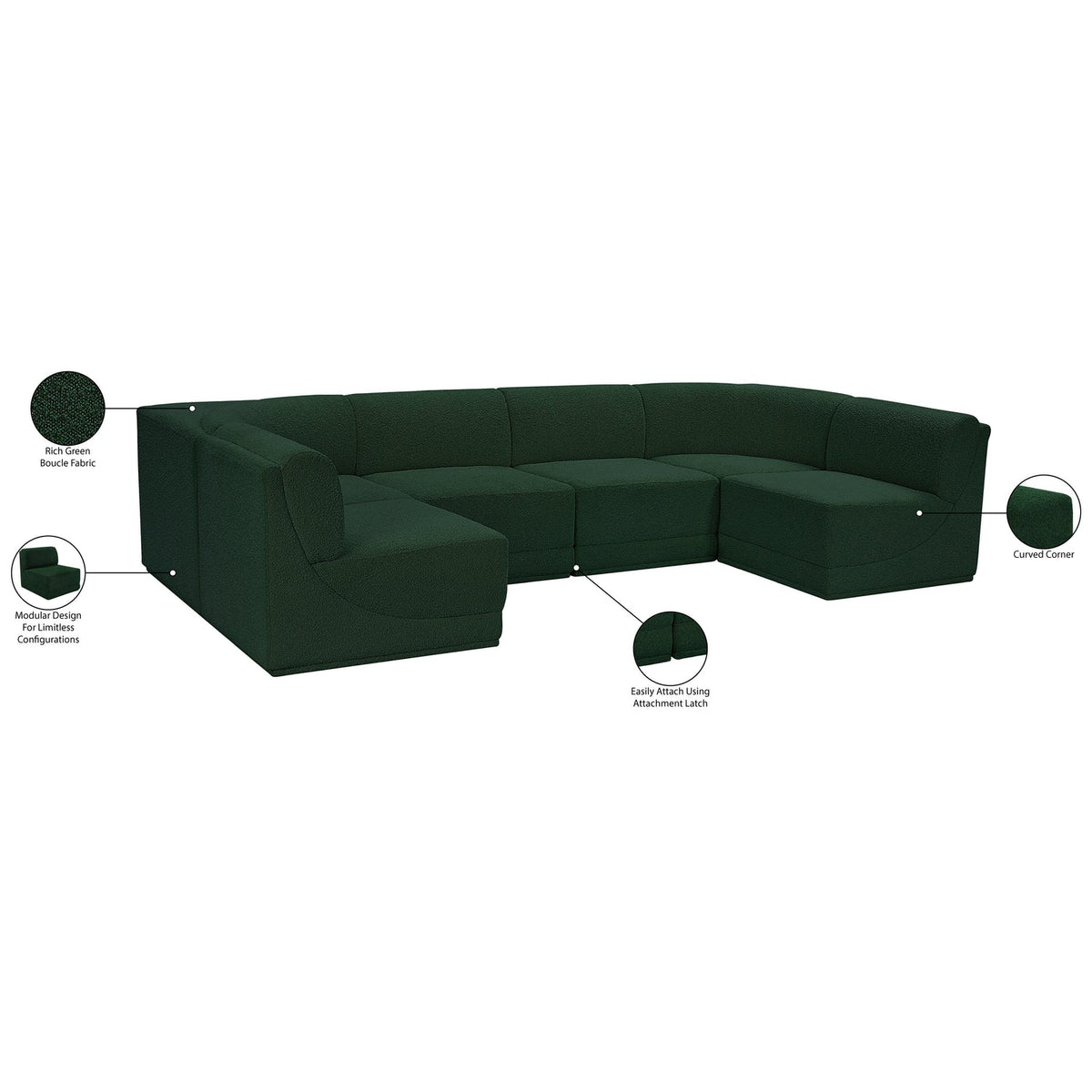 Ollie 128in Green Boucle Fabric Upholstered 6 Piece Modular Sectional Sofa