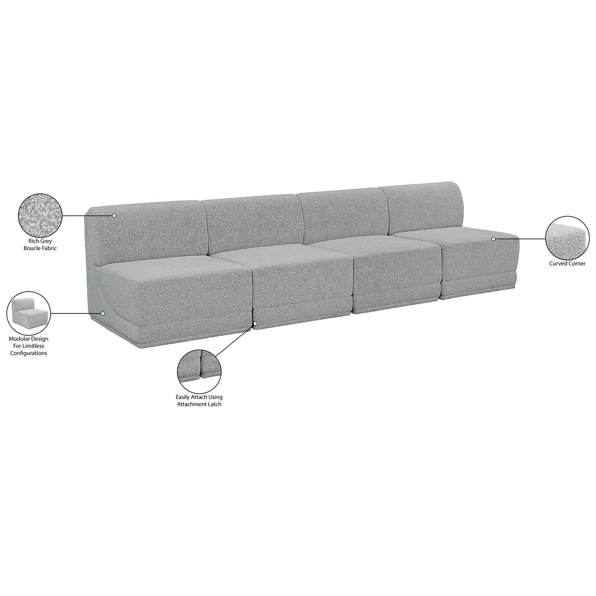 Ollie 120in Grey Boucle Fabric Upholstered 4 Piece Armless Modular Sofa
