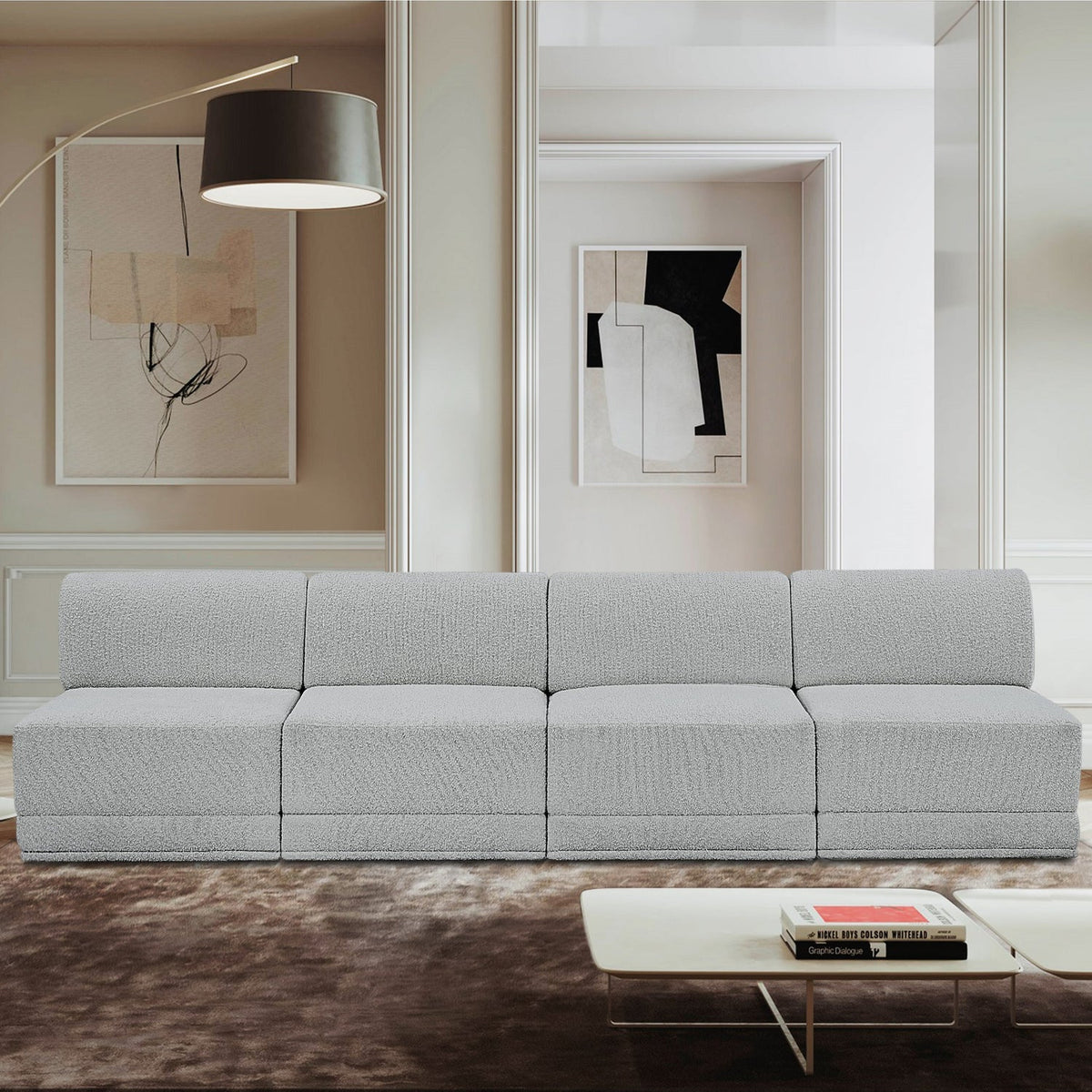 Ollie 120in Grey Boucle Fabric Upholstered 4 Piece. Armless Modular Sofa