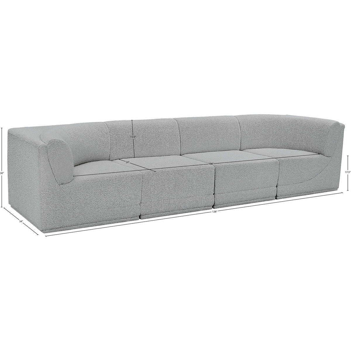 Ollie 128in Grey Boucle Fabric Upholstered 4 Piece Modular Sofa