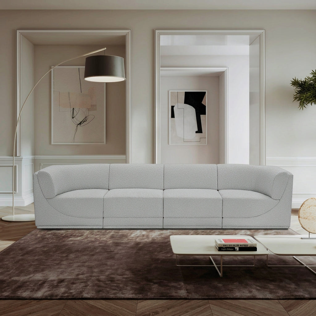 Ollie 128in Grey Boucle Fabric Upholstered 4 Piece. Modular Sofa