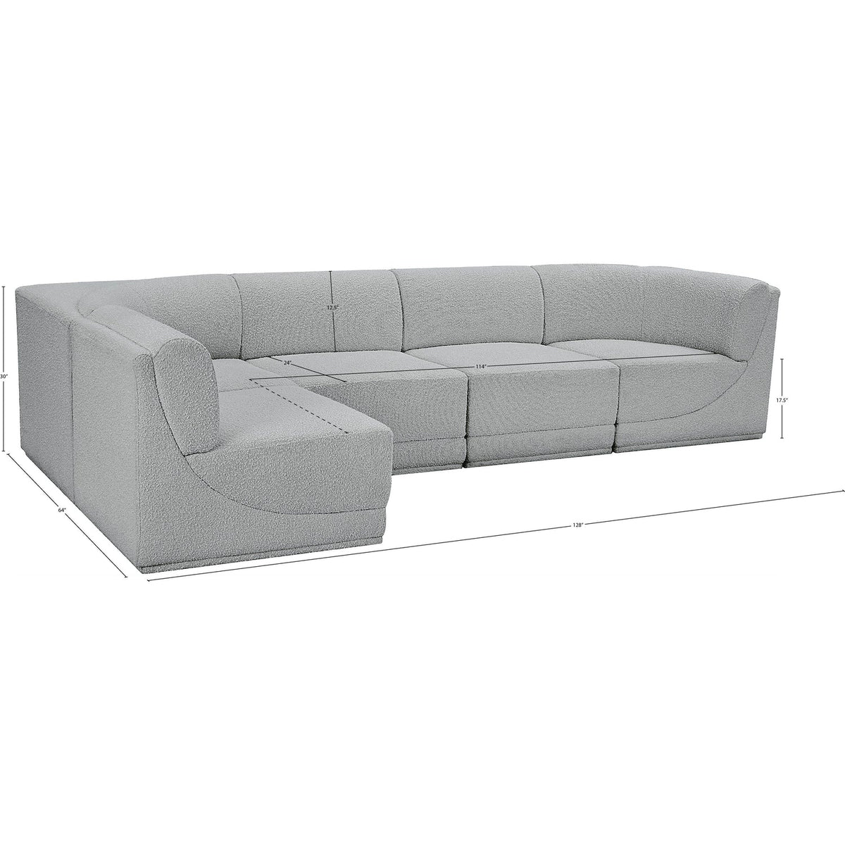Ollie 128in Grey Boucle Fabric Upholstered 5 Piece Modular Sectional Sofa
