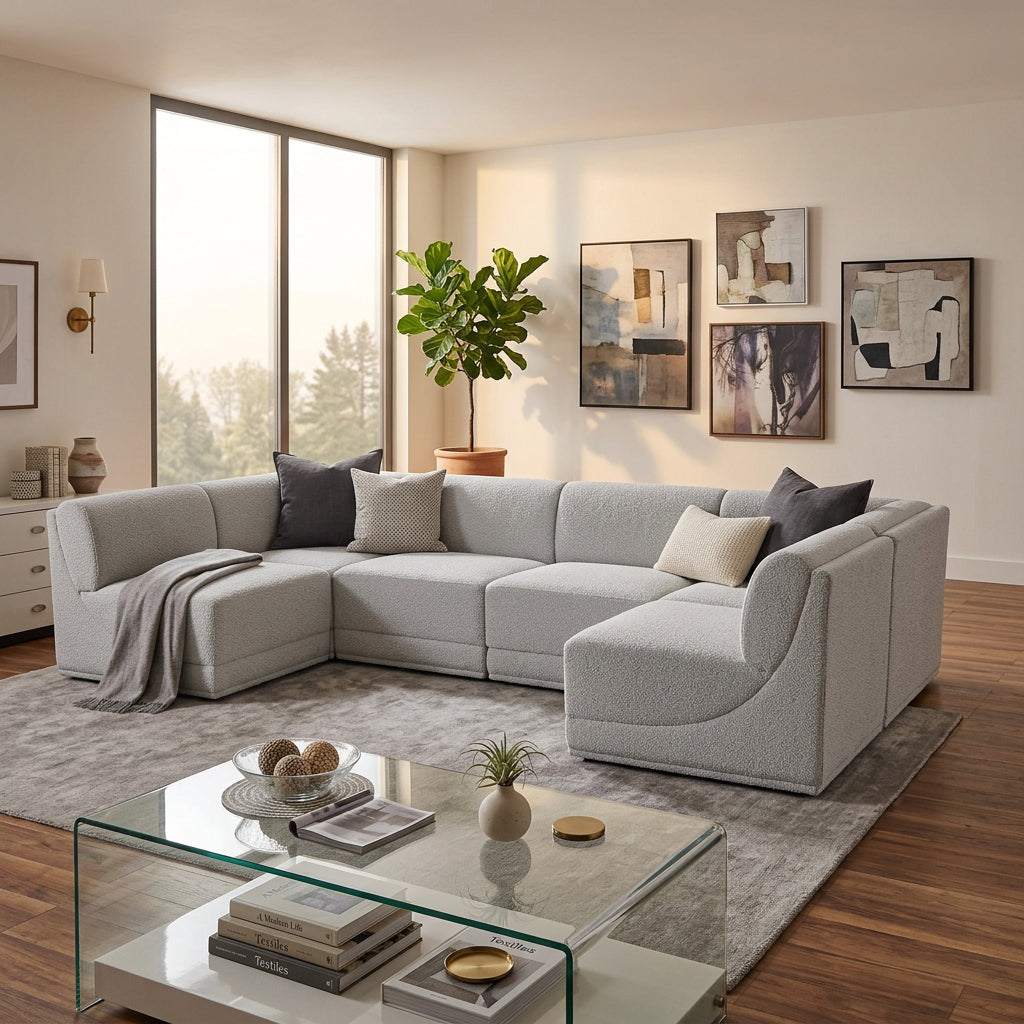 Ollie 128in Grey Boucle Fabric Upholstered 6 Piece Modular Sectional Sofa