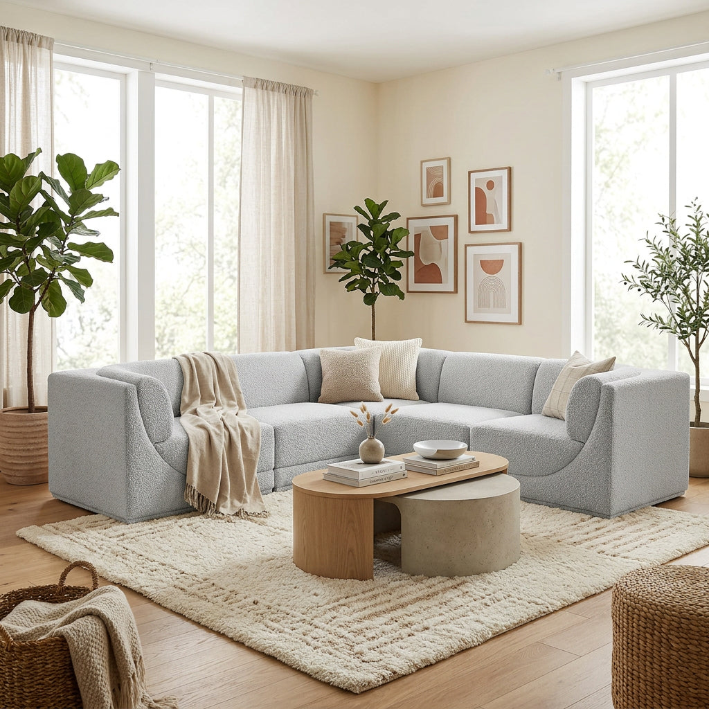 Ollie 128in Grey Boucle Fabric Upholstered 6 Piece Modular Sectional Sofa