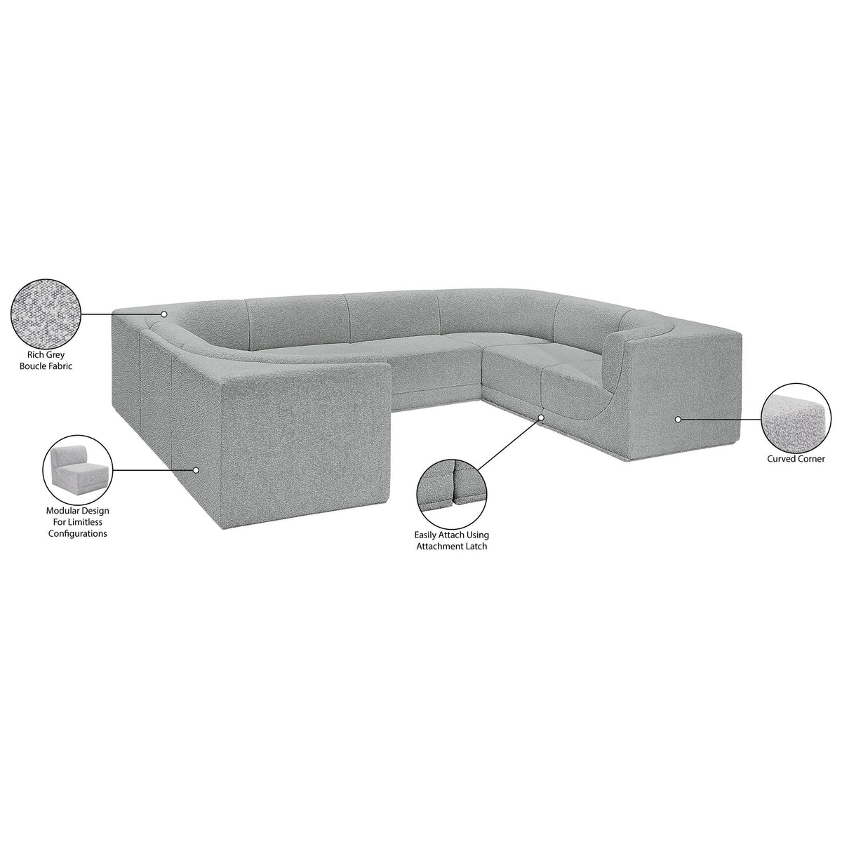 Ollie 128in Grey Boucle Fabric Upholstered 8 Piece Modular Sectional Sofa