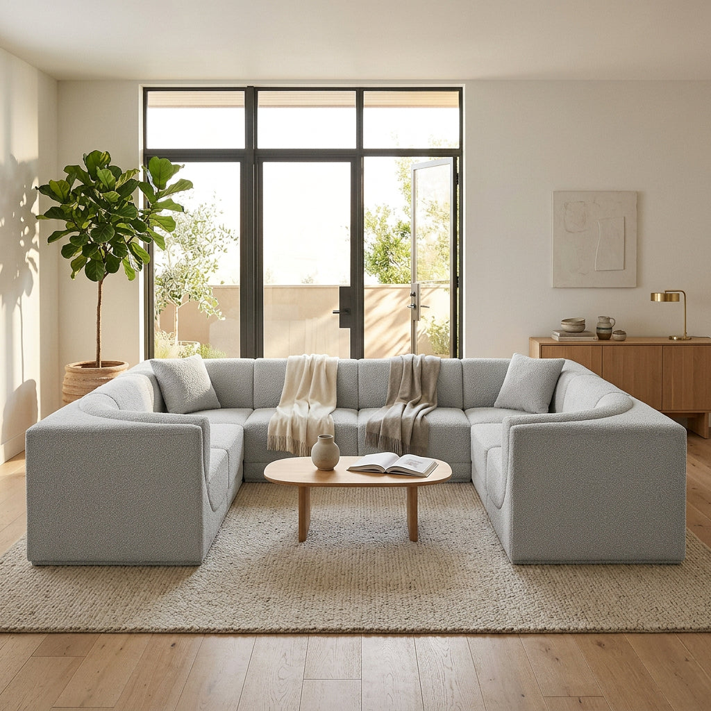 Ollie 128in Grey Boucle Fabric Upholstered 8 Piece Modular Sectional Sofa