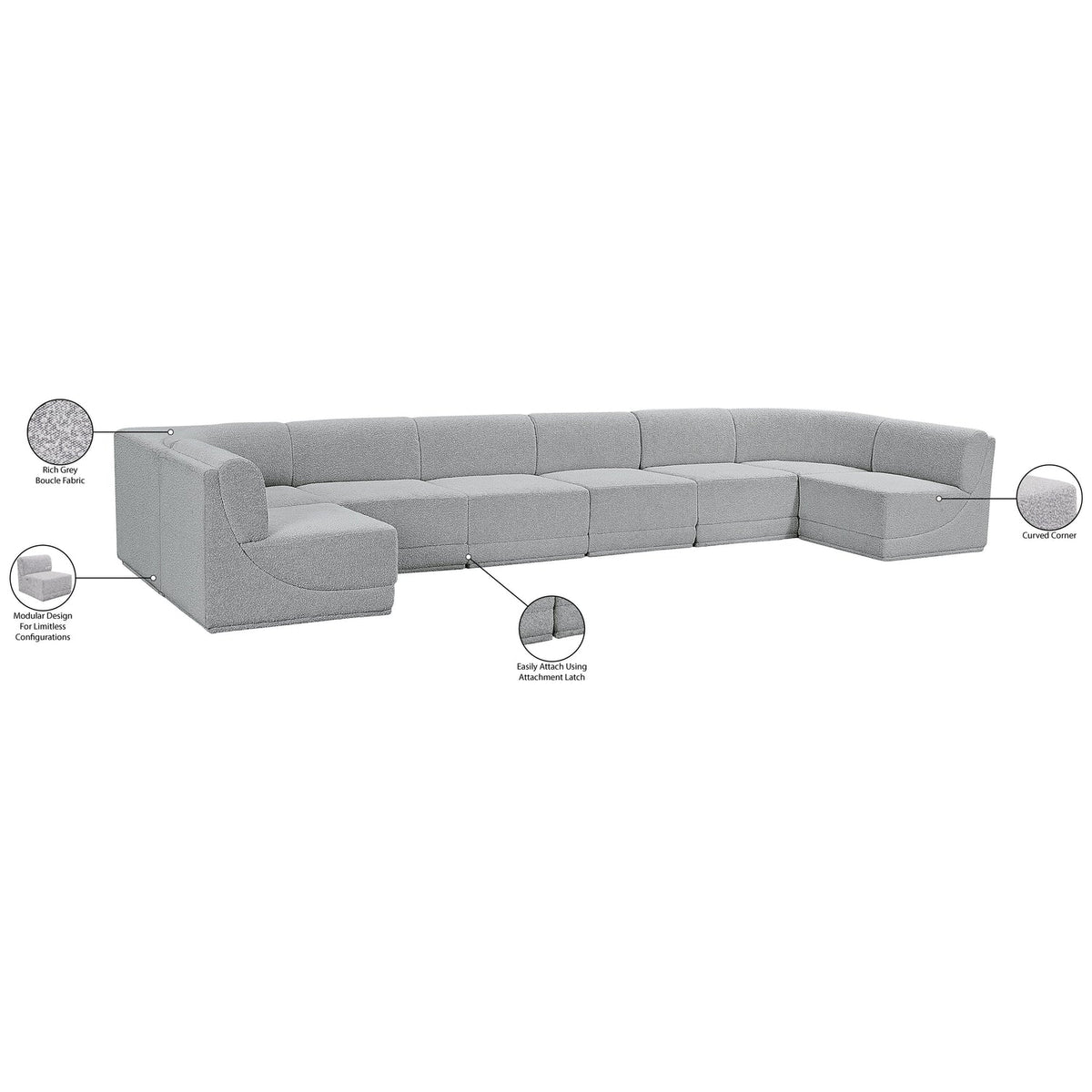 Ollie 188in Grey Boucle Fabric Upholstered 8 Piece Modular Sectional Sofa