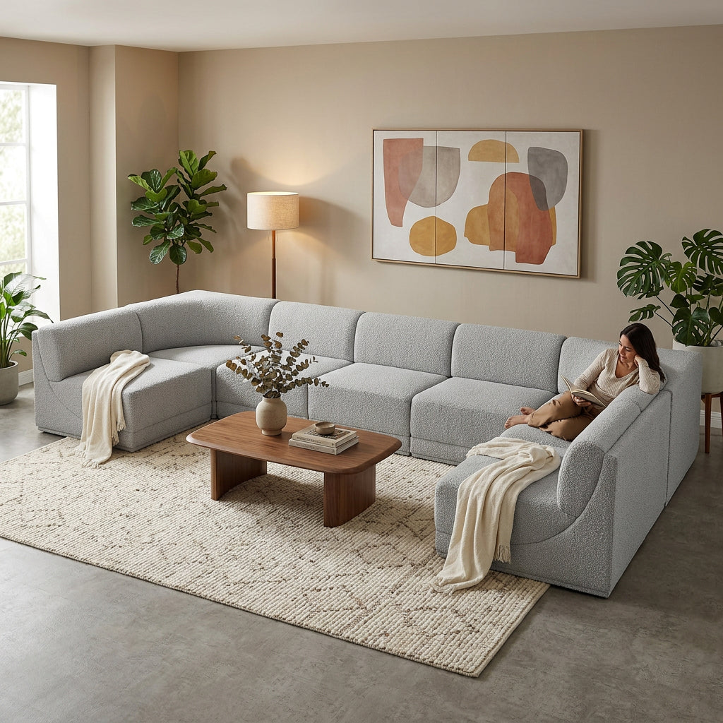 Ollie 188in Grey Boucle Fabric Upholstered 8 Piece Modular Sectional Sofa