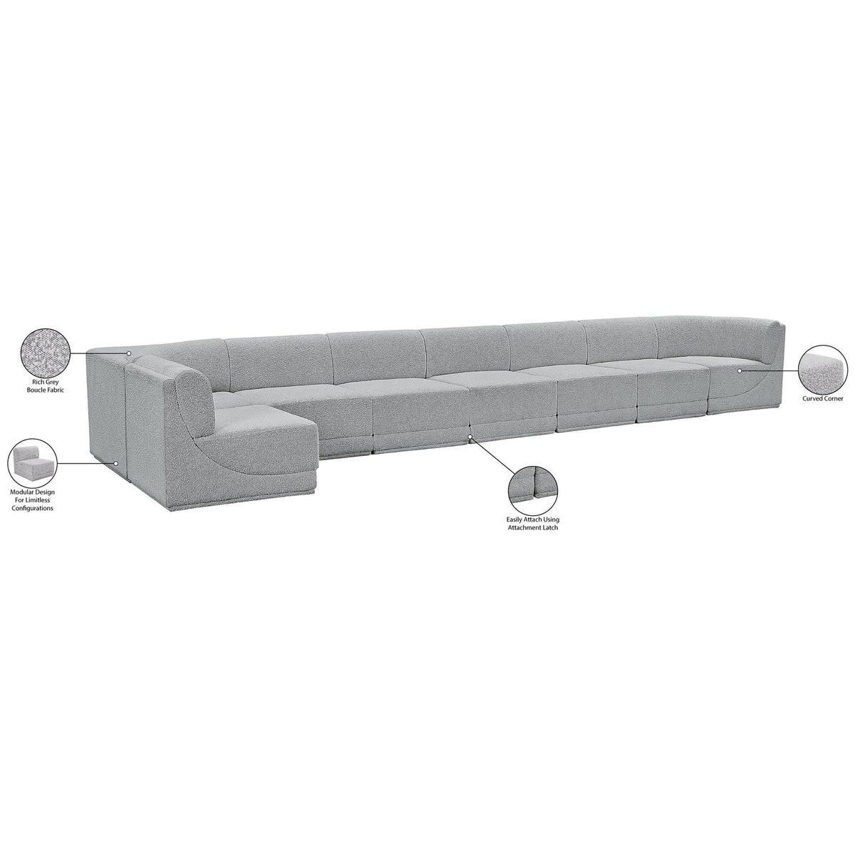 Ollie 218in Grey Boucle Fabric Upholstered 8 Piece Modular Sectional Sofa