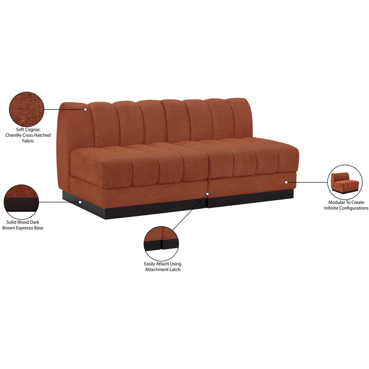 Quinn 64in Cognac Chenille Fabric Upholstered 2 Piece Armless Modular Loveseat