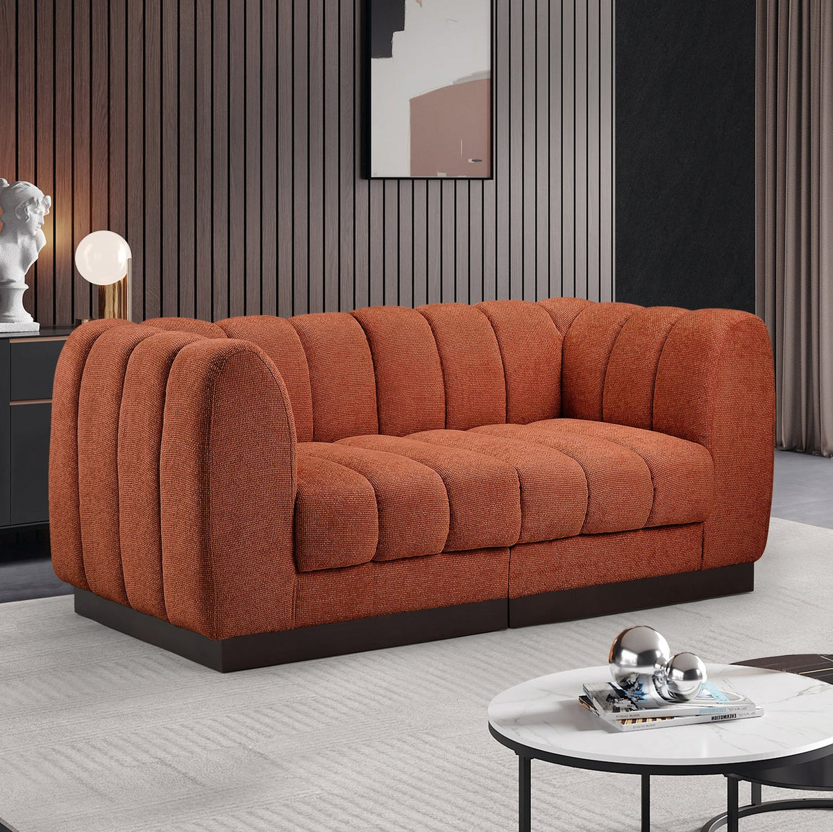 Quinn 69in Cognac Chenille Fabric Upholstered 2Piece Modular Loveseat