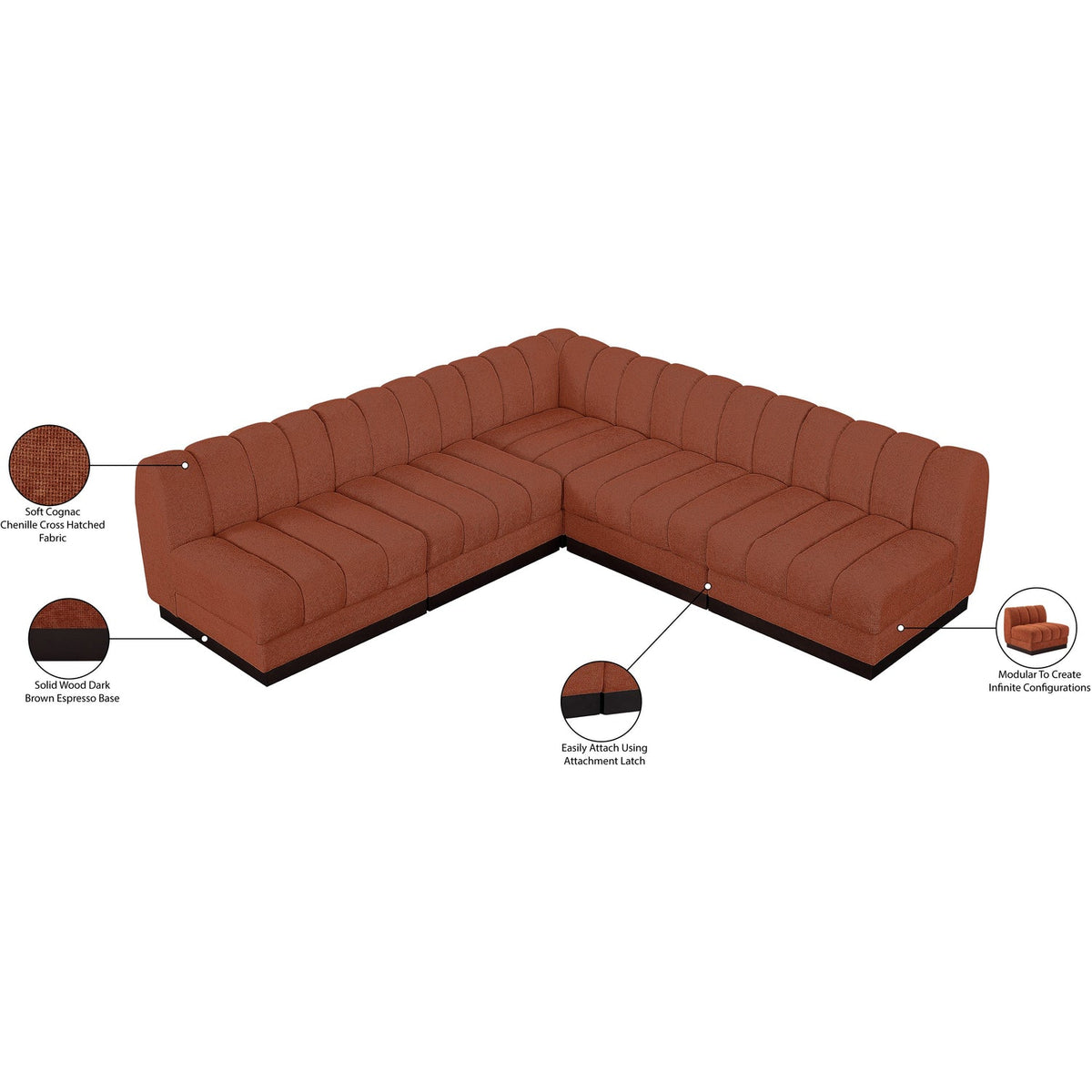 Quinn 98in Cognac Chenille Fabric Upholstered 5 Piece Modular Sectional Sofa