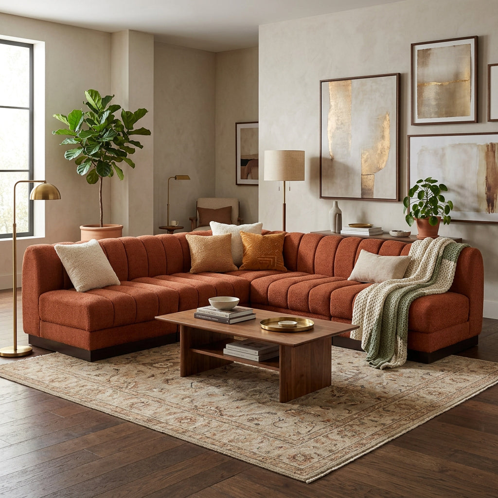 Quinn 98" Cognac Chenille Fabric Upholstered 5pc. Modular Sectional in cognac chenille fabric, primary product view