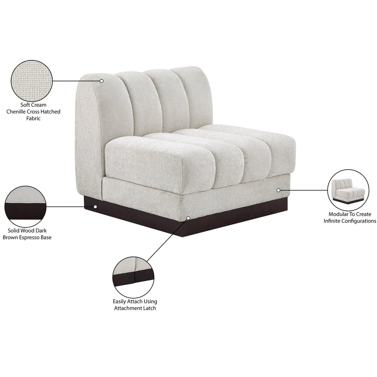 Quinn Cream Chenille Fabric Upholstered Modular Armless Chair