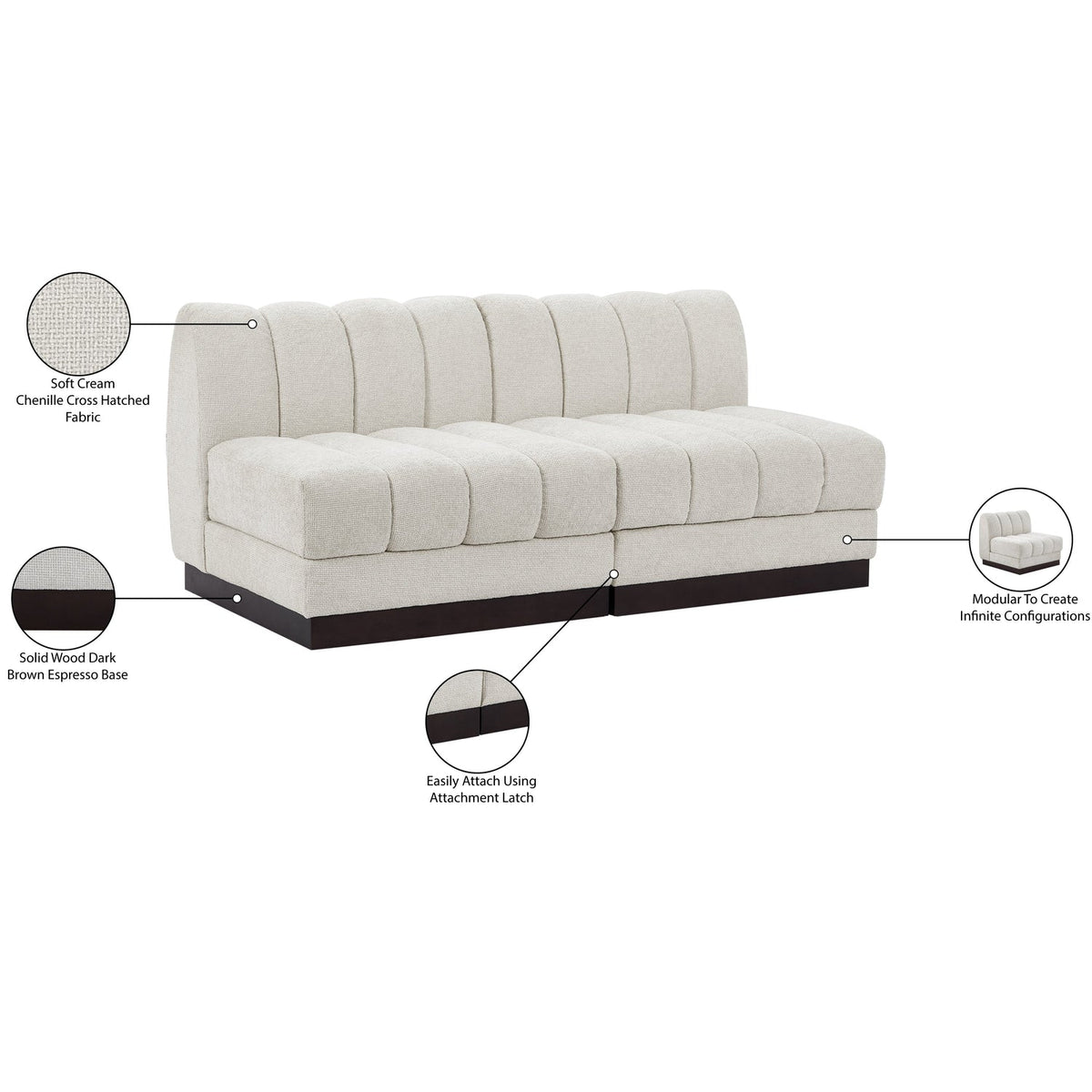 Quinn 64in Cream Chenille Fabric Upholstered 2 Piece Armless Modular Loveseat