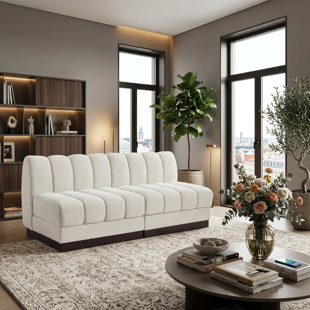 Quinn 64in Cream Chenille Fabric Upholstered 2 Piece Armless Modular Loveseat