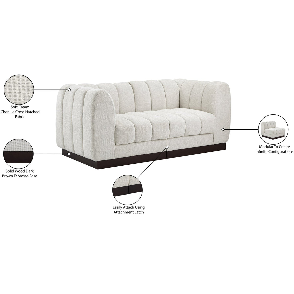 Quinn 69in Cream Chenille Fabric Upholstered 2 Piece Modular Loveseat