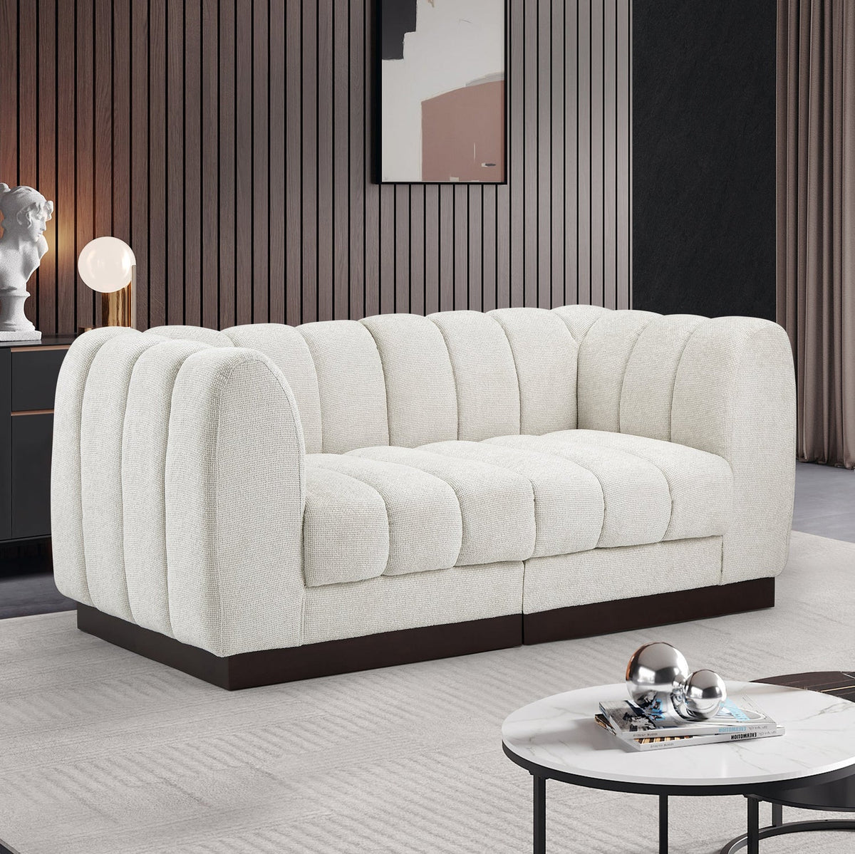 Quinn 69in Cream Chenille Fabric Upholstered 2Piece Modular Loveseat