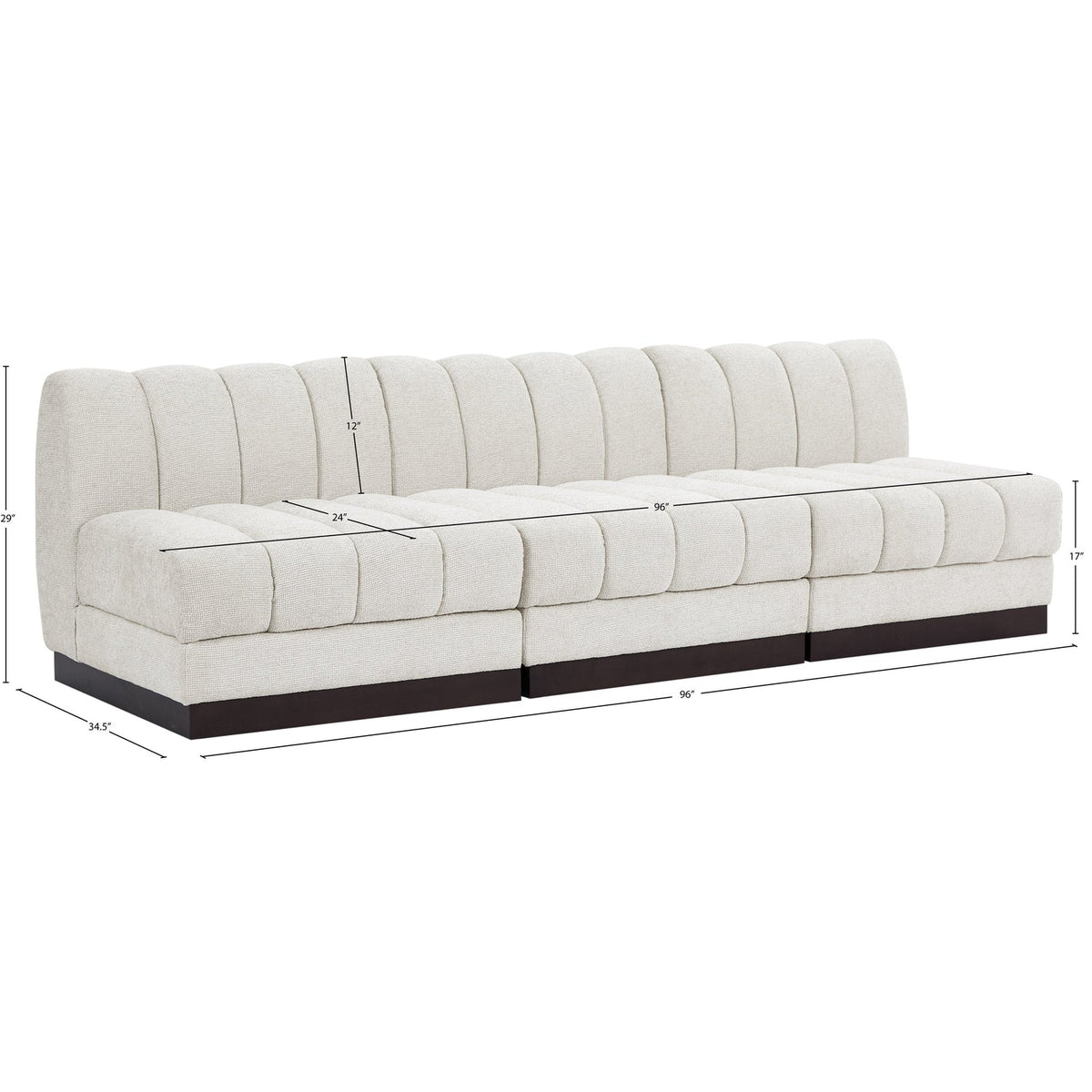 Quinn 96in Cream Chenille Fabric Upholstered 3 Piece Armless Modular Sofa