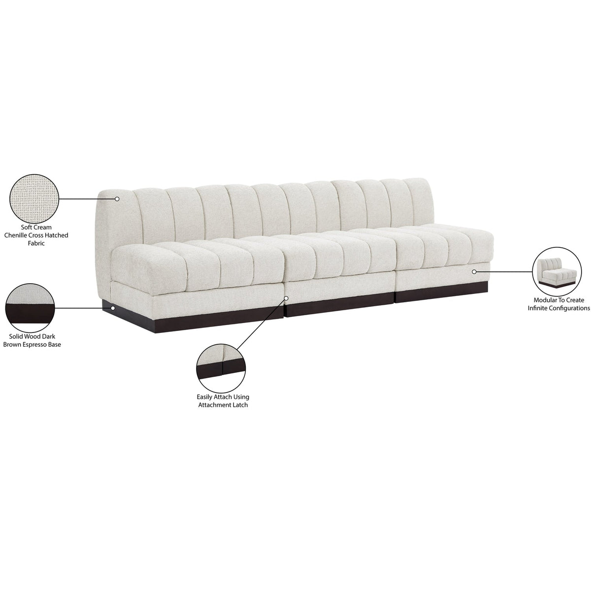 Quinn 96in Cream Chenille Fabric Upholstered 3 Piece Armless Modular Sofa
