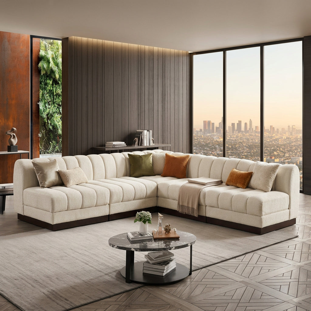 Quinn 98in Cream Chenille Fabric Upholstered 5 Piece Modular Sectional Sofa