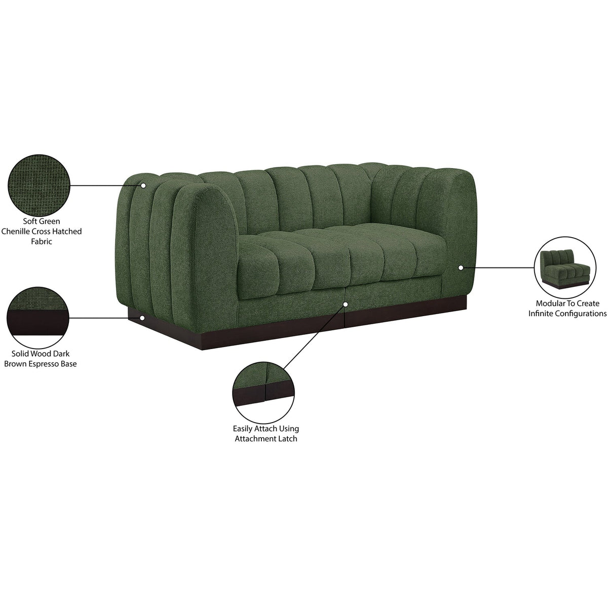 Quinn 69in Green Chenille Fabric Upholstered 2 Piece Modular Loveseat