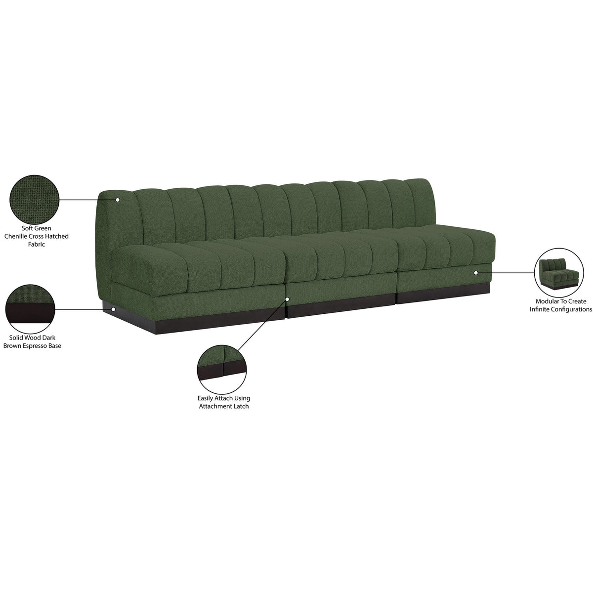 Quinn 96in Green Chenille Fabric Upholstered 3 Piece Armless Modular Sofa