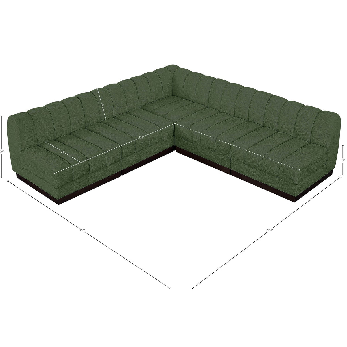 Quinn 98in Green Chenille Fabric Upholstered 5 Piece Modular Sectional Sofa
