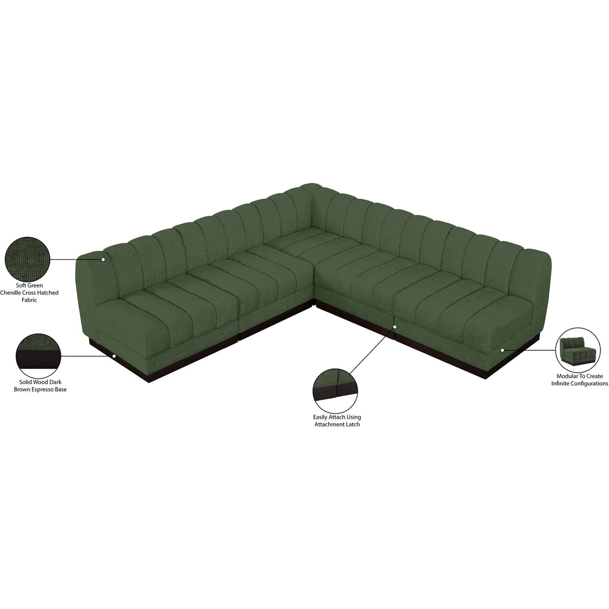 Quinn 98in Green Chenille Fabric Upholstered 5 Piece Modular Sectional Sofa