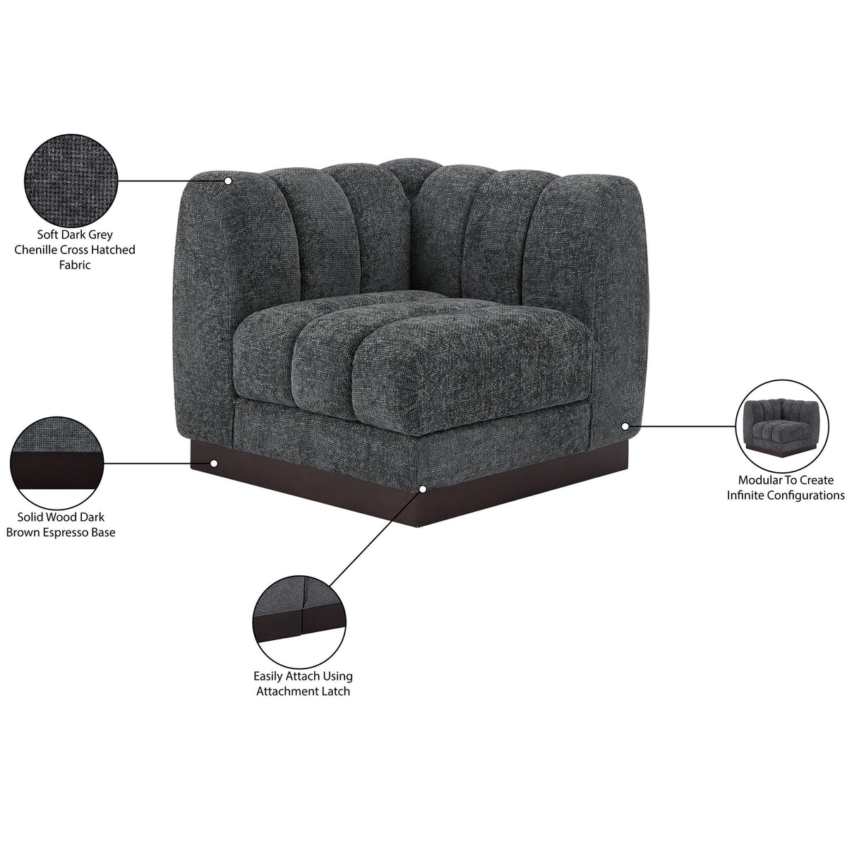 Quinn Grey Chenille Fabric Upholstered Modular Corner Chair