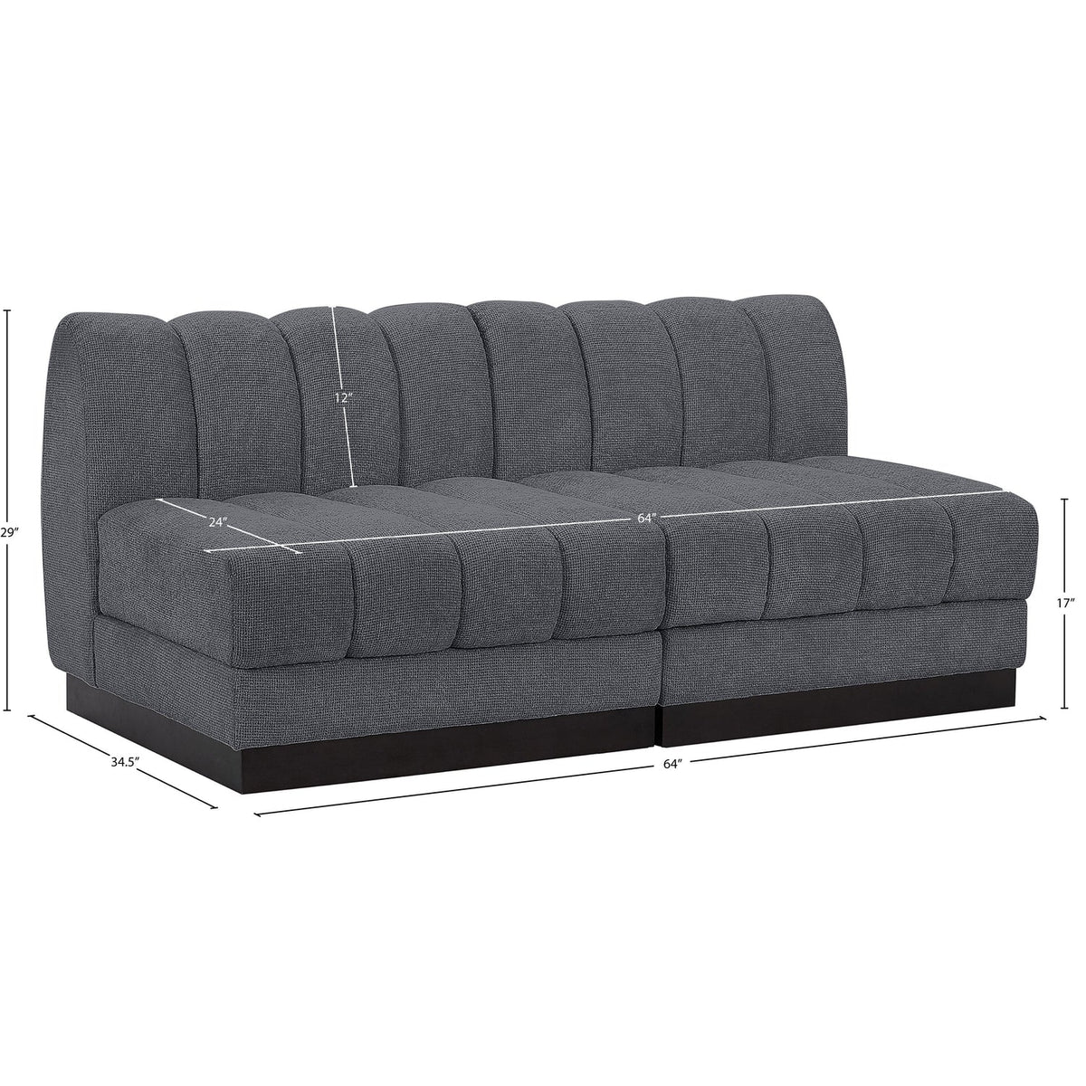 Quinn 64in Grey Chenille Fabric Upholstered 2 Piece Armless Modular Loveseat