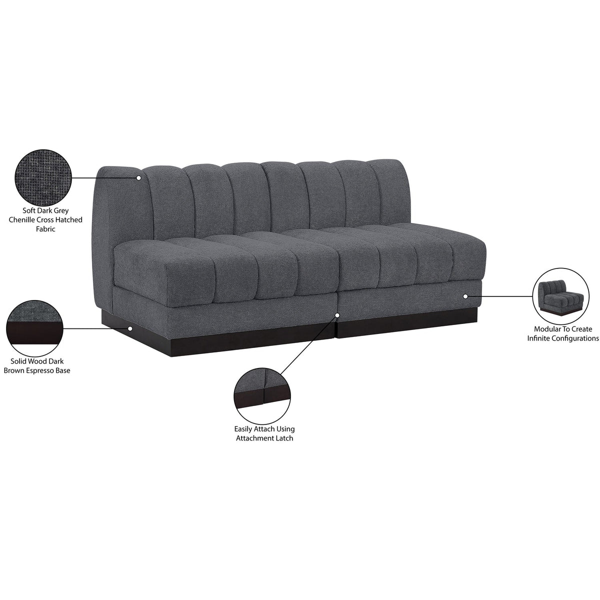 Quinn 64in Grey Chenille Fabric Upholstered 2 Piece Armless Modular Loveseat