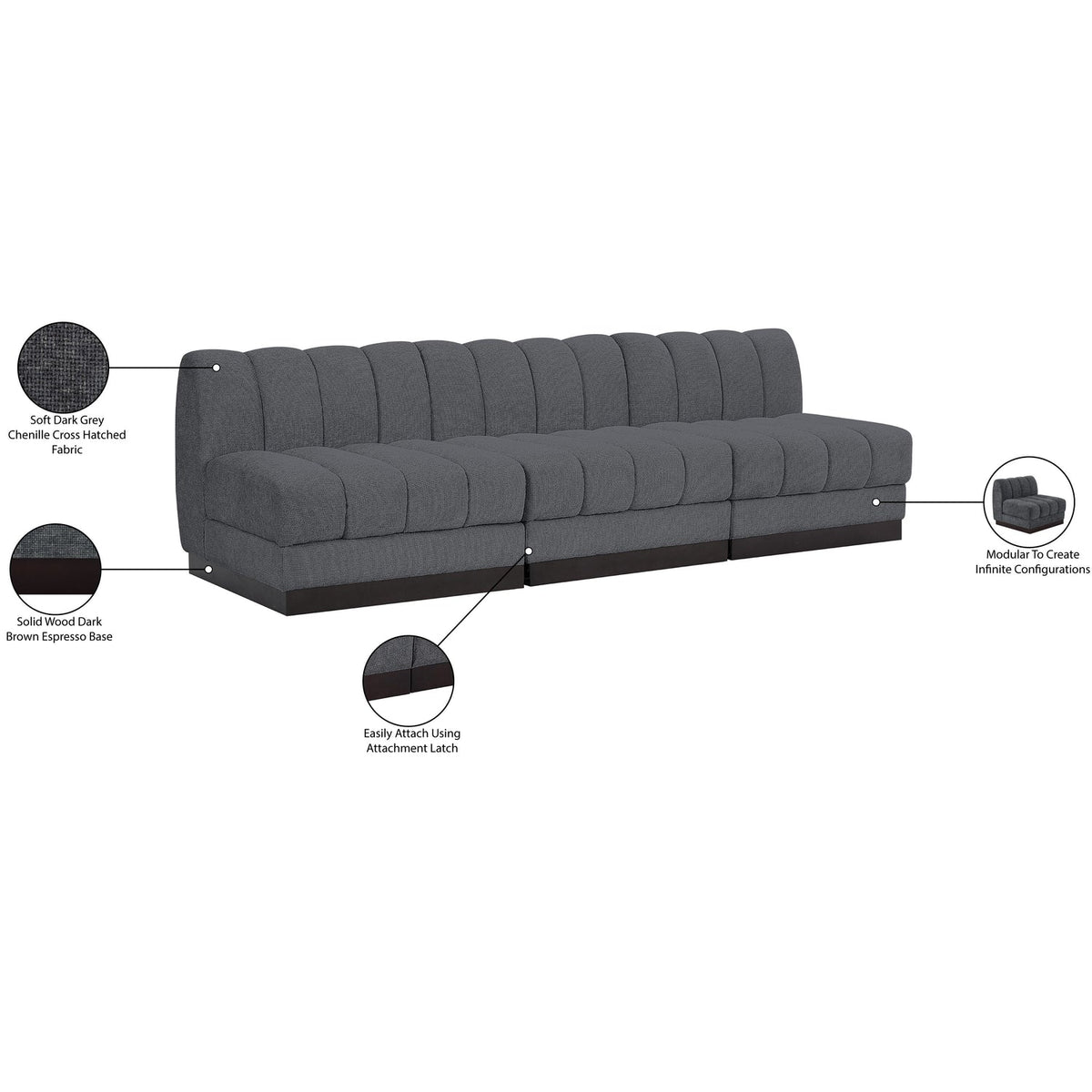 Quinn 96in Grey Chenille Fabric Upholstered 3 Piece Armless Modular Sofa