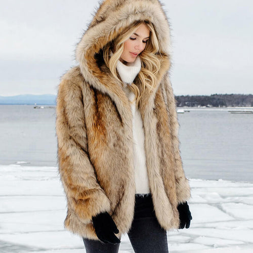 Fabulous Furs Coyote Hooded Faux Fur Coat