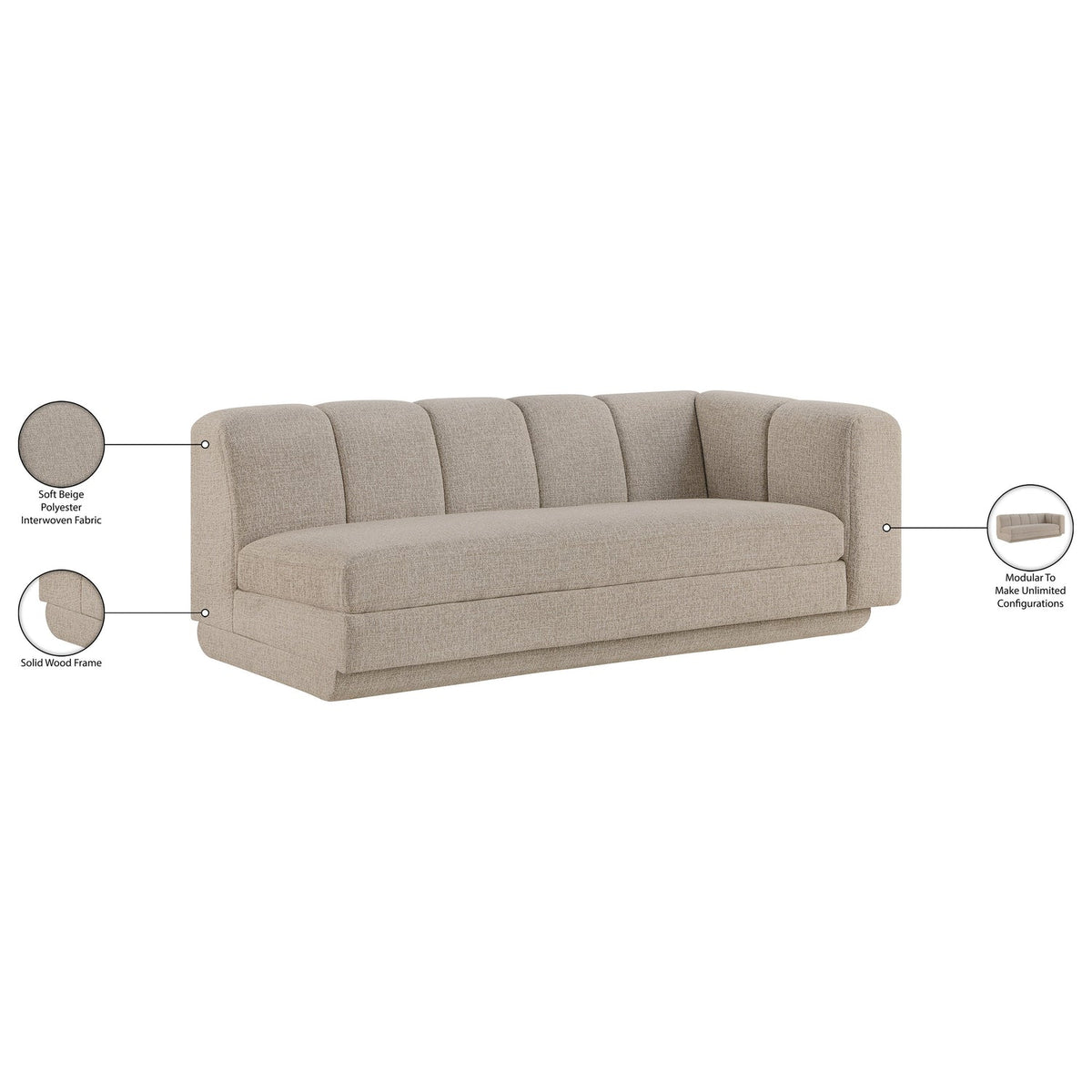 Modari 76.75in Beige Fabric Upholstered Right Arm Sofa