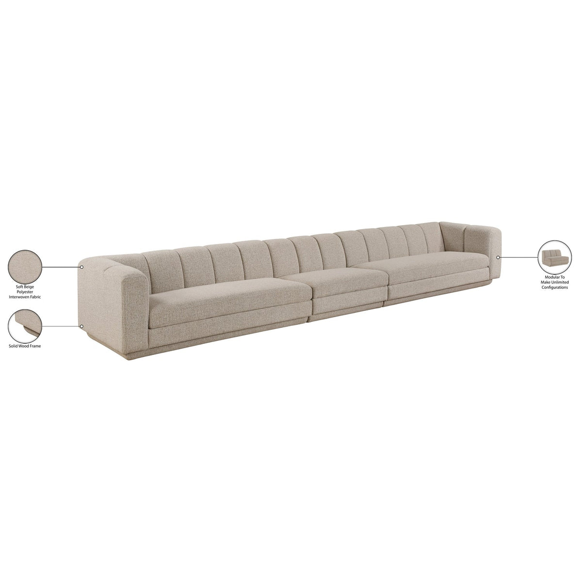 Modari Beige Fabric Upholstered 3 Piece Modular Sofa