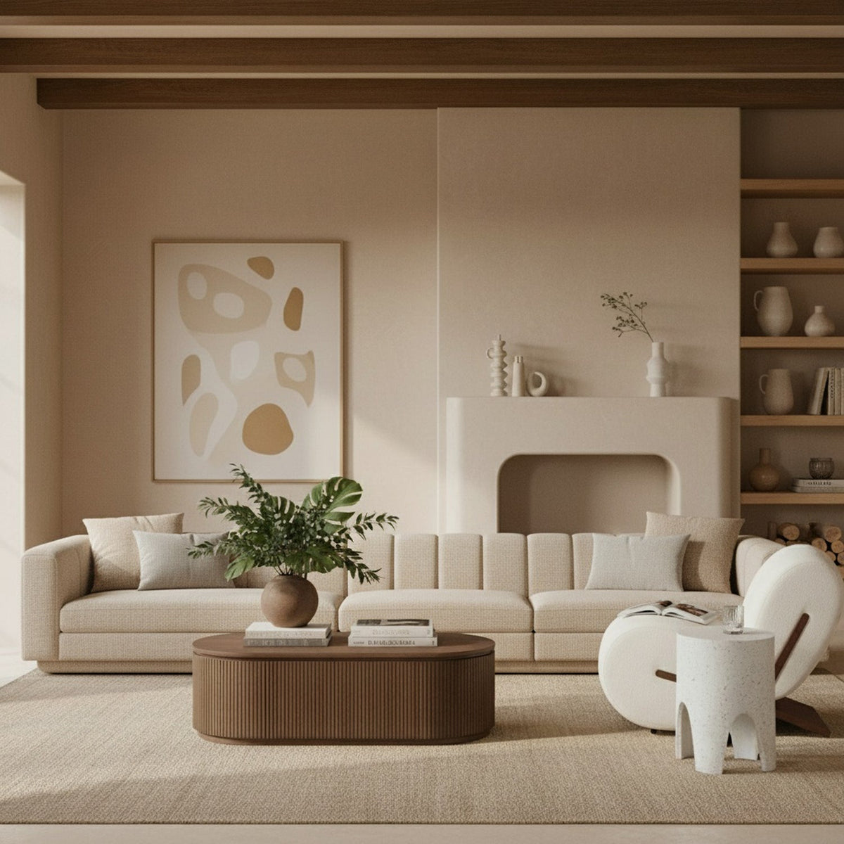 Modari Beige Fabric Upholstered 3 Piece Modular Sofa