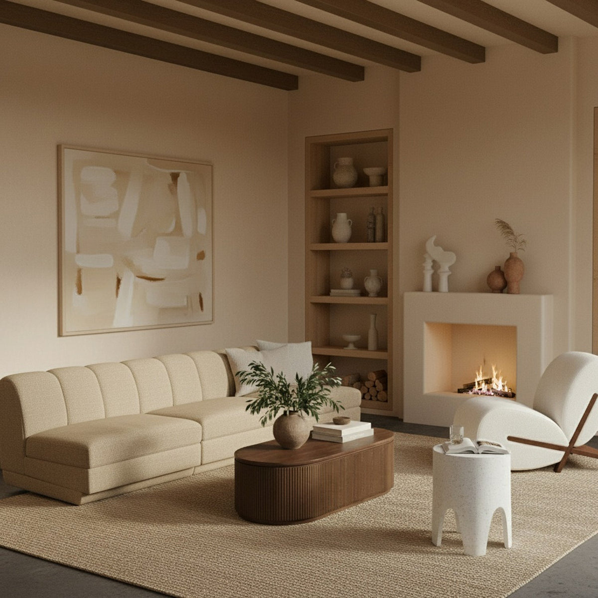 Modari Beige Fabric Upholstered 3 Piece Modular Sofa