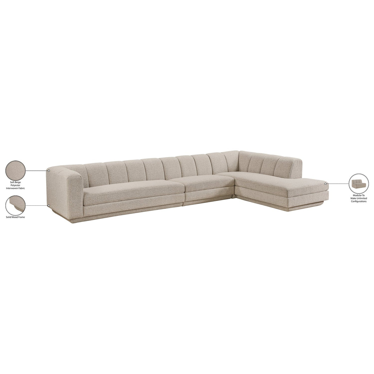 Modari Beige Fabric Upholstered 3 Piece Modular Sectional Sofa