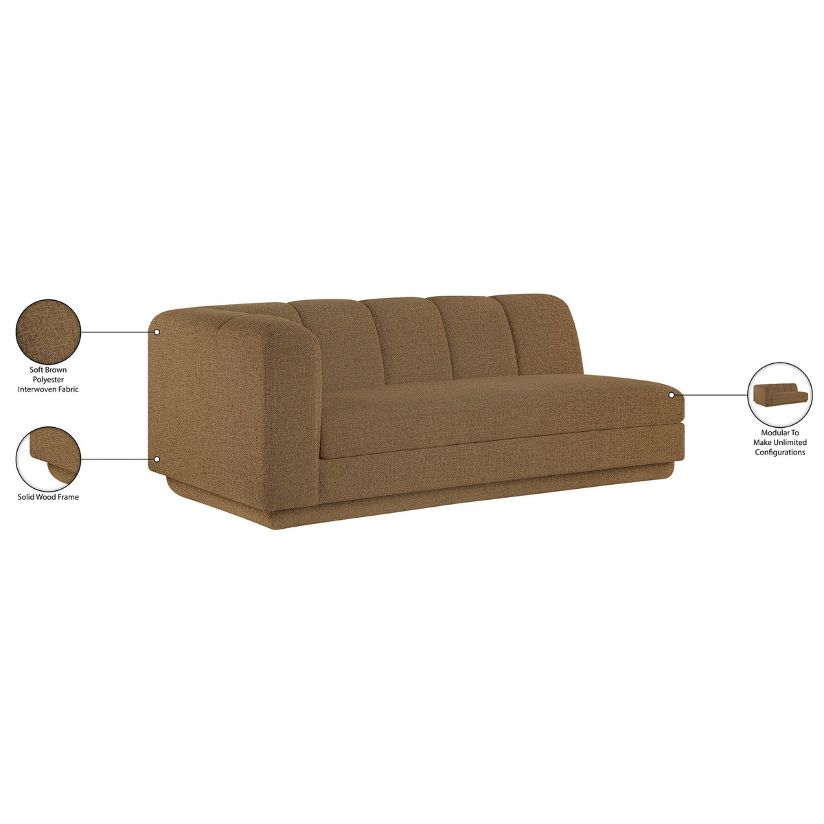 Modari 76.75in Brown Fabric Upholstered Left Arm Sofa