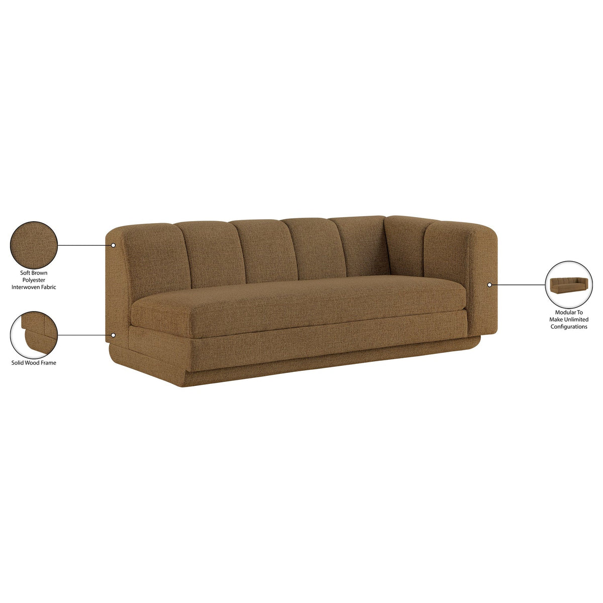 Modari 76.75in Brown Fabric Upholstered Right Arm Sofa