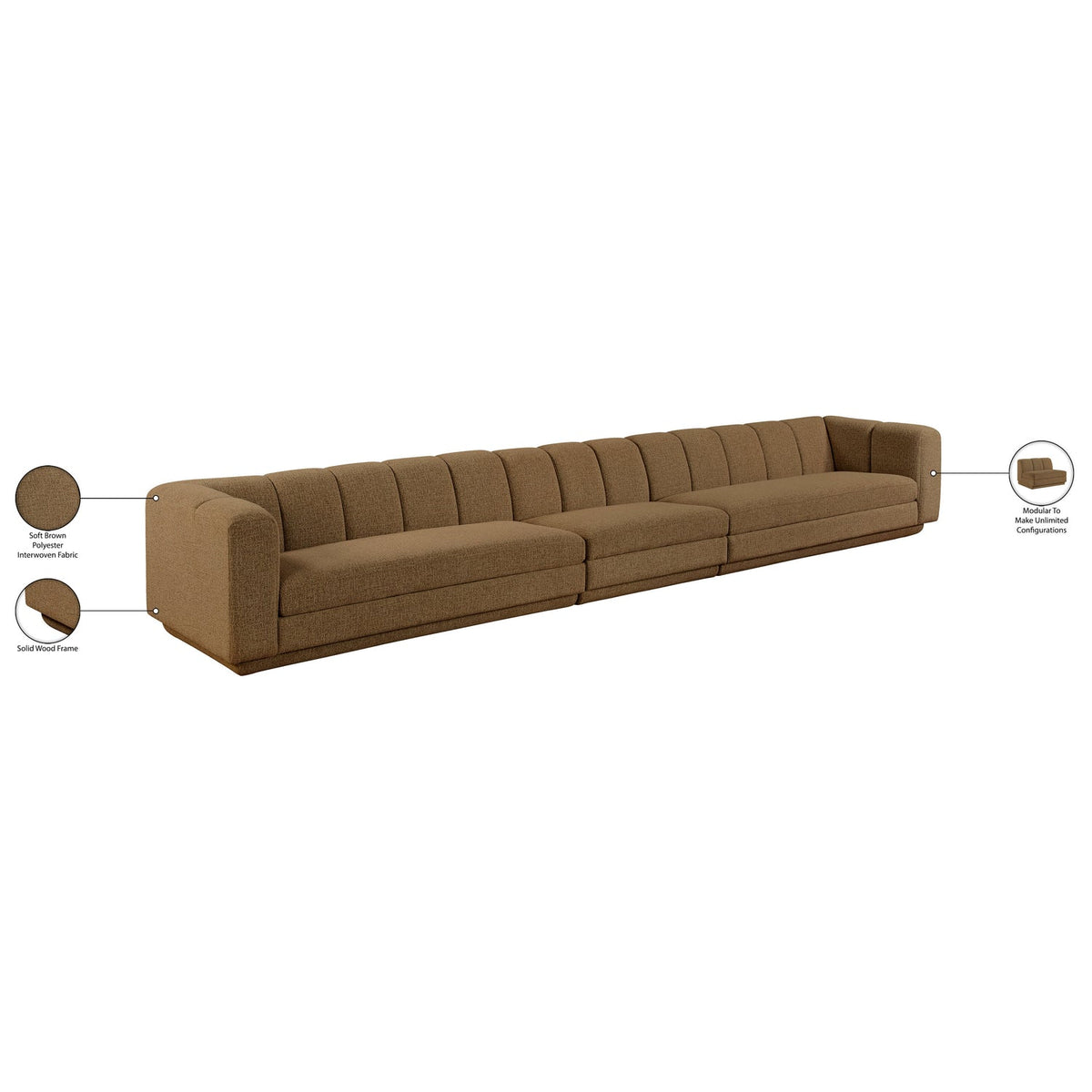 Modari Brown Fabric Upholstered 3 Piece Modular Sofa