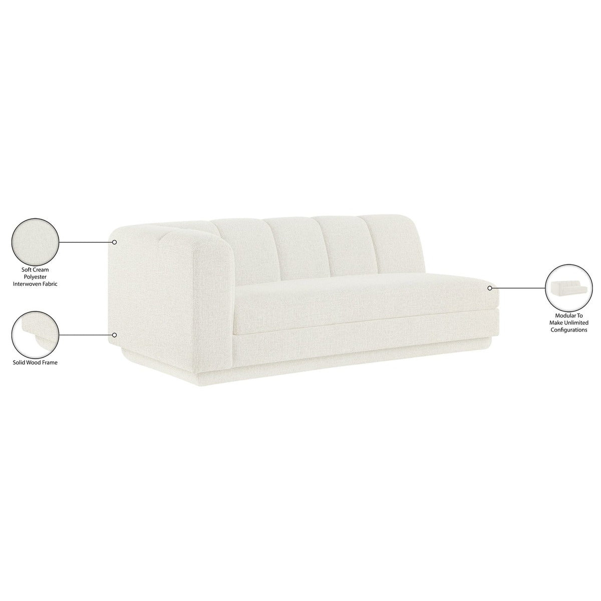 Modari 76.75in Cream Fabric Upholstered Left Arm Sofa